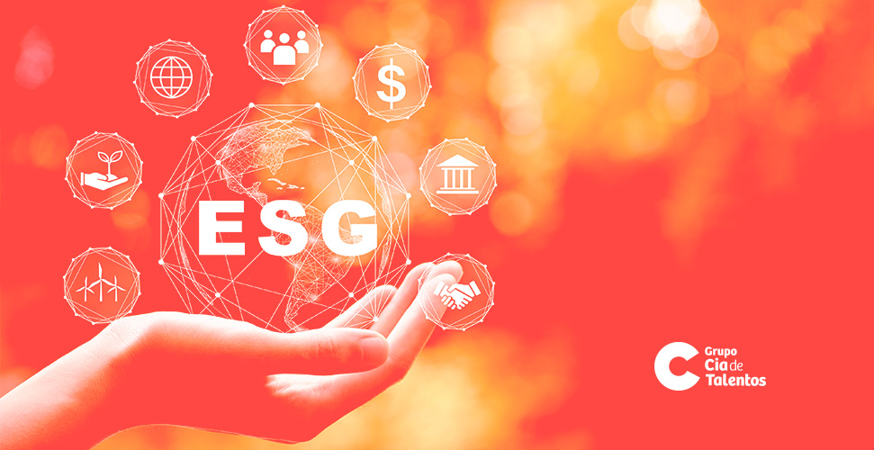 A imagem que ilustra o artigo “Por que ESG é tão importante, afinal?” traz a foto de uma mão de perfil, com a palma virada para cima, como se estivesse segurando um globo terrestre e ao redor dele outros ícones relacionados a ESG.